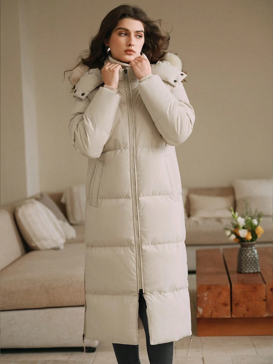 Anewsta 厚款长款泡泡领连帽横缝女式大衣 - 米色 - 查看 1