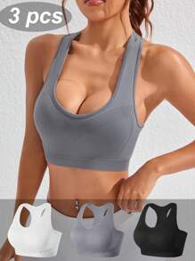 Easithlete 3pcs Women Solid Color Open Back Daily Workout Sports Bra