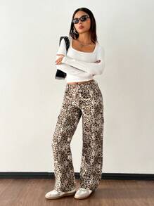 SHEIN PETITE Leopard Print Pocket Decor Casual Versatile Loose Fit Denim Jeans - Multicolor - View 3