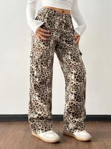 SHEIN PETITE Leopard Print Pocket Decor Casual Versatile Loose Fit Denim Jeans - Multicolor - View 6
