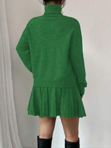 Calvaya 2pcs/Set Solid Color Pleated Loose Casual Skirt Suit, High Neck Sweater