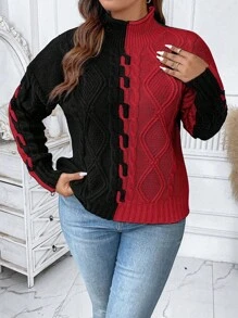 Calvaya Plus Size Crew Neck Solid Color Patchwork Pullover Sweater, Simple Casual Design For New Year Clothes, For Winter - Red - View 4