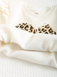 Cozy Pixies 2pcs Baby Girl Heart-Shaped Leopard Pattern Round Neck Ruffle Sleeve Pullover Sweatshirt And Jogger Pants Set , Fall Clothes - Khaki - View 6