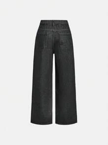 SHEIN Tween Girl Y2K Cartoon Patter& Letter Graphic Ripped Washed Denim Straight Leg Jeans, Spring And Summer - Black - View 2