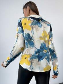 SHEIN Privé Women Elegant Multi-Color Tie-Dye Floral Print Casual Blouse, Suitable For Work And Daily Wear - Multicolor - View 5
