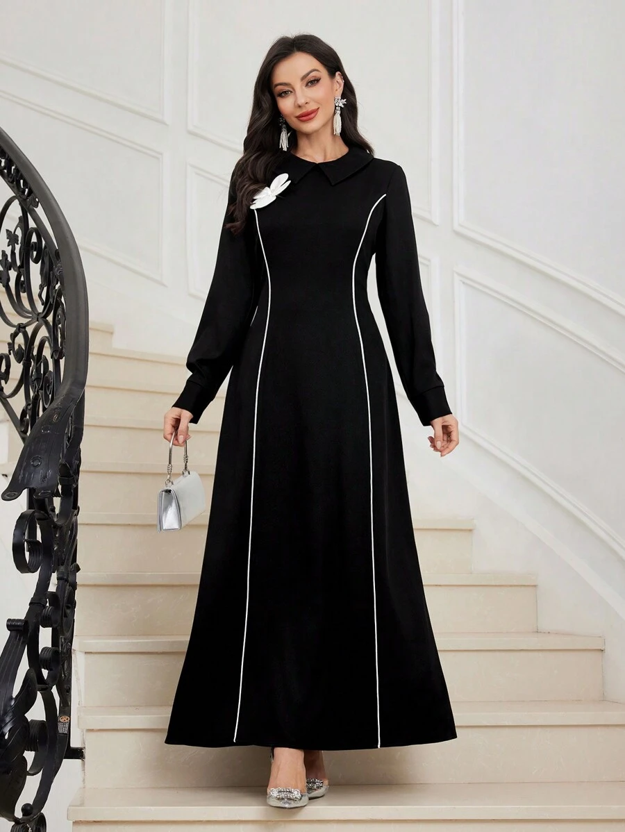 Modelyn Women's Elegant Contrast Color Floral Decor A-Line Long Dress Maxi Women Outfit Long Evening Dresses - Black - View 1