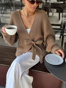 SHEIN Tall Drop Shoulder Knot Side Cardigan - Khaki - View 4