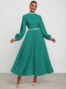 VNCIRCLE Designer Elegant Green Mock Neck Lantern Sleeve Dress With Belt, For Spring, Festival, Holiday, Party, Birthday Outfits, Wedding Prom Dress - Green - View 3