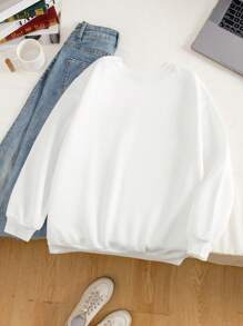 SHEIN EZwear 女士圆领枯树图案女团英文标语春秋季休闲运动衫 - 白色 - 查看 2