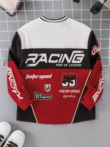 儿童/青少年男孩休闲街头时尚字母和数字图形罗纹领扣长袖编织衬衫，圣诞红，冬季 - 紅色 - 查看 7