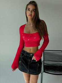 Aloruh Square Neck Embroidered Form-Fitting Cropped Long Sleeve Sweater For Young Women, Romantic For Dates & Casual Wear