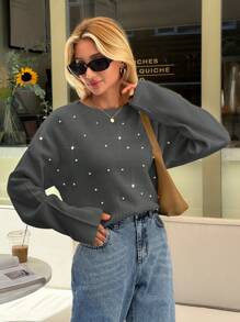 EURMUSE Woman Loose Fit Comfy Warm Rhinestones Detailed Sweater - Grey - View 6