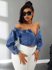 SHEIN SXY Große Größen Lässiges Denim-Top mit Reißverschluss vorne und langen Ärmeln sowie Kunstperlendekor, Off-Shoulder