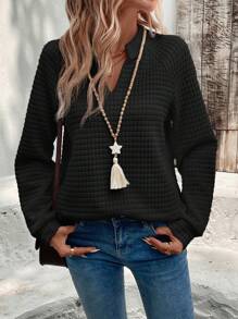 EMERY ROSE Solid V-Neck Casual Pullover Sweatshirt In Fall/Winter - Black - View 5