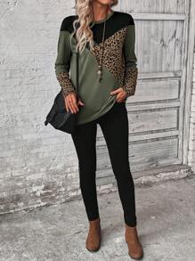 EMERY ROSE Camiseta casual de mujer con estampado de leopardo en bloques de color, otoño