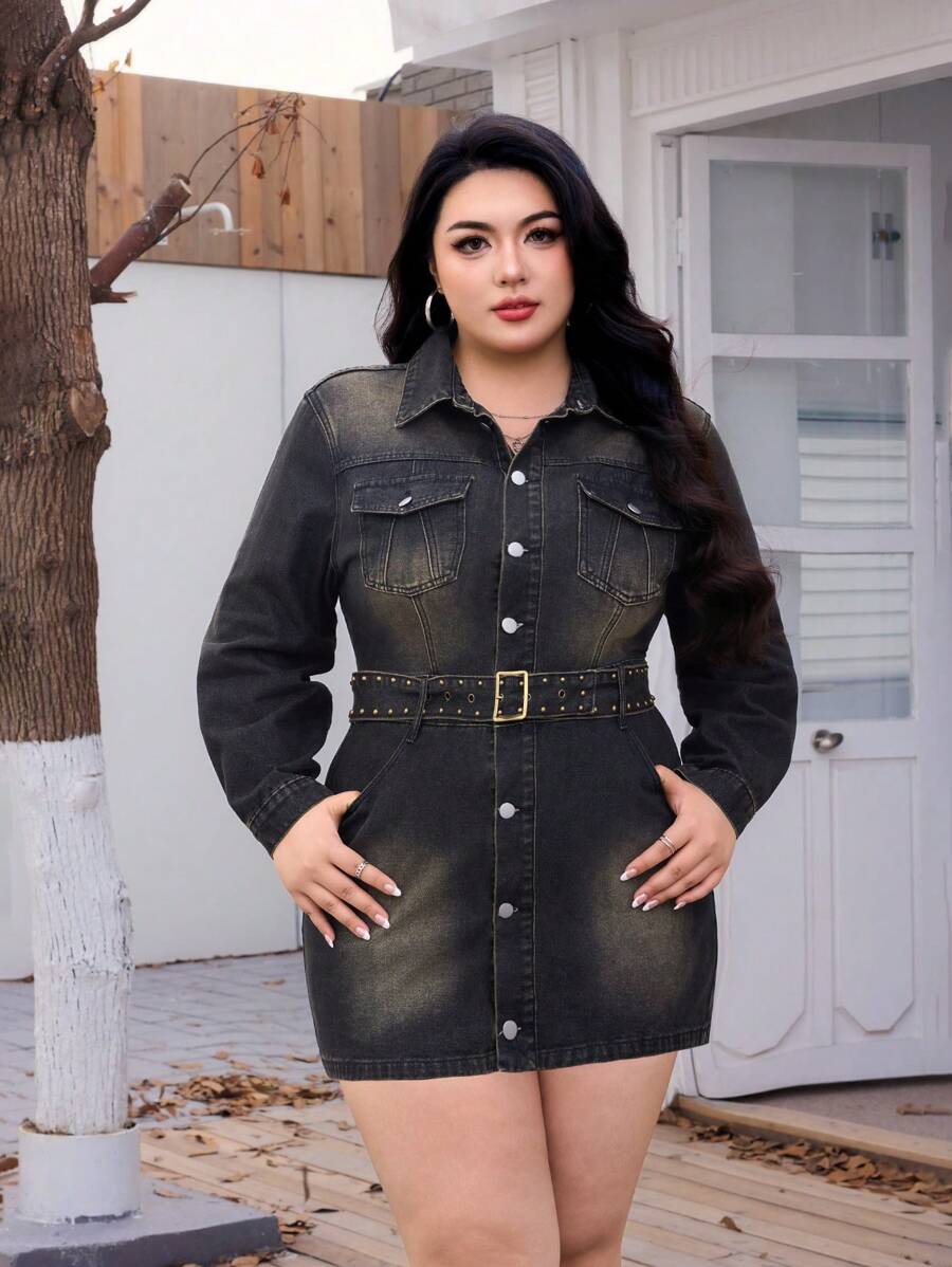 SHEIN EZwear 大码破洞前扣迷你牛仔连衣裙,秋季休闲装 - 深灰色 - 查看 1