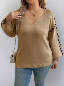 Calvaya 大码 V 领拼色休闲长袖针织套头衫，适合冬季 - 杏色 - 查看 7