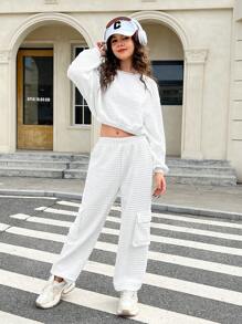 SHEIN Bộ đồ 2 món thường ngày có họa tiết màu trắng tinh khiết cho bé gái tuổi teen và quần nỉ, phong cách đường phố, trang phục nữ sinh - trắng - Xem 6