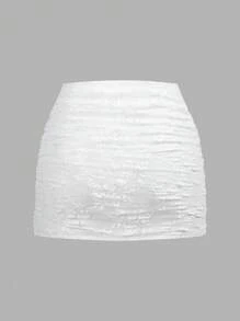 SHEIN EZwear 1pc Women's Sexy Overlaid Translucent White Floral Lace Fitted Long Skirt - White - View 2