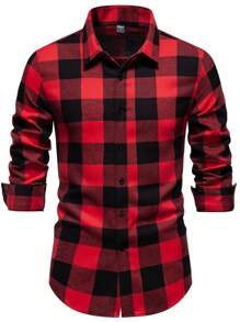 Manfinity Homme Men's Front Button Closure Long Sleeve Plaid Casual Shirt, Everyday Wear, For Fall