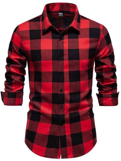 Manfinity Homme Men's Front Button Closure Long Sleeve Plaid Casual Shirt, Everyday Wear, For Fall