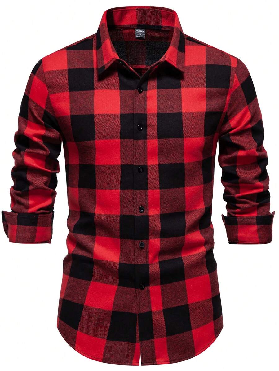 Manfinity Homme Men's Front Button Closure Long Sleeve Plaid Casual Shirt, Everyday Wear, For Fall