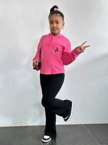 SHEIN 2 pièces Ensemble sweat-shirt zippé à mi-hauteur avec lettres graphiques et pantalon évasé pour préadolescentes, Automne/Hiver - Rose vif - Voir 3