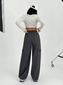 SHEIN Women Casual Minimalist Street Style Plain Color Elastic Waist Flap Pocket Grey Cargo Pants - Grey - View 2
