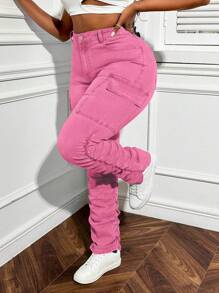 SHEIN SXY Plus Size Women Stretchy Pink Denim Fashionable Design Extra Long Slouchy Pants - Pink - View 3