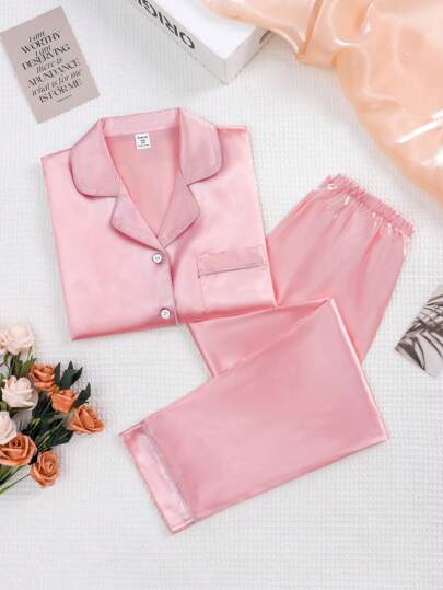 2 件套 Tween Girls 香槟色纯色长袖上衣和裤子休闲睡衣套装，适合女孩