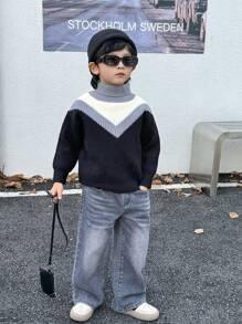 年轻男孩时尚纯色高领长袖柔软保暖针织毛衣，适合秋冬季日常穿着、寒冷天气和旅行 - 黑與白 - 查看 5