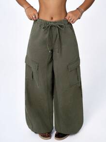 SHEIN ICON Jeanoix 女士时尚休闲绿色抽绳腰部多口袋宽松牛仔裤 - 綠色 - 查看 3