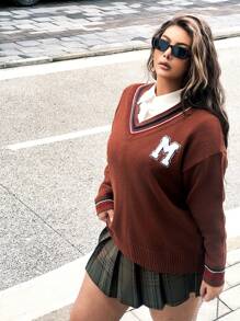 Flirla 大码秋冬英伦风撞色字母植绒宽松V领毛衣女式针织套头衫 - 咖啡棕 - 查看 6