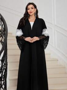 Al Najma 女式宽松阿拉伯长袍，带蕾丝袖口拼布和刺绣装饰，休闲敞开式适度长袖阿拉伯长袍，适合日常休闲/派对 - 黑色 - 查看 8