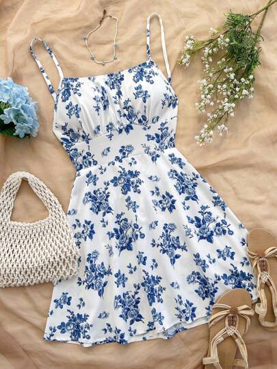 Soleia Vestido mini con tirantes de espagueti y espalda descubierta, con estampado floral azul y blanco, apropiado para otoño/invierno, uso en fiestas y diario