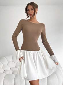 SHEIN Essnce Casual Women's Knit And Linen Mini Dress - Smoke & Ivory Fall/Winter Dress Bachelorette Dress Y2k Dress Fall/Winter Color Block Round Neck Long Sleeve Pleated Simple Casual Short Dress Women Dresses Black Lantern Dress Hem Dress /Flower Bud Hem/Ruffle/Birthday Outfit/Bubbl Thanksgiving Mini Dress