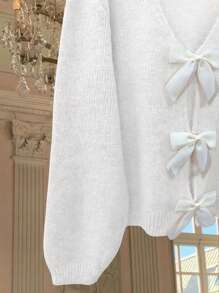 SHEIN Frenchy Plain V-Neck Bow Decor Casual Long Sleeve Pullover Sweater - White - View 9