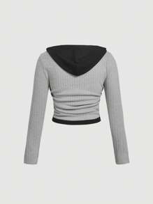 SHEIN MOD Plus Size Retro Campus Style Color Block Drawstring Hoodies T-Shirt