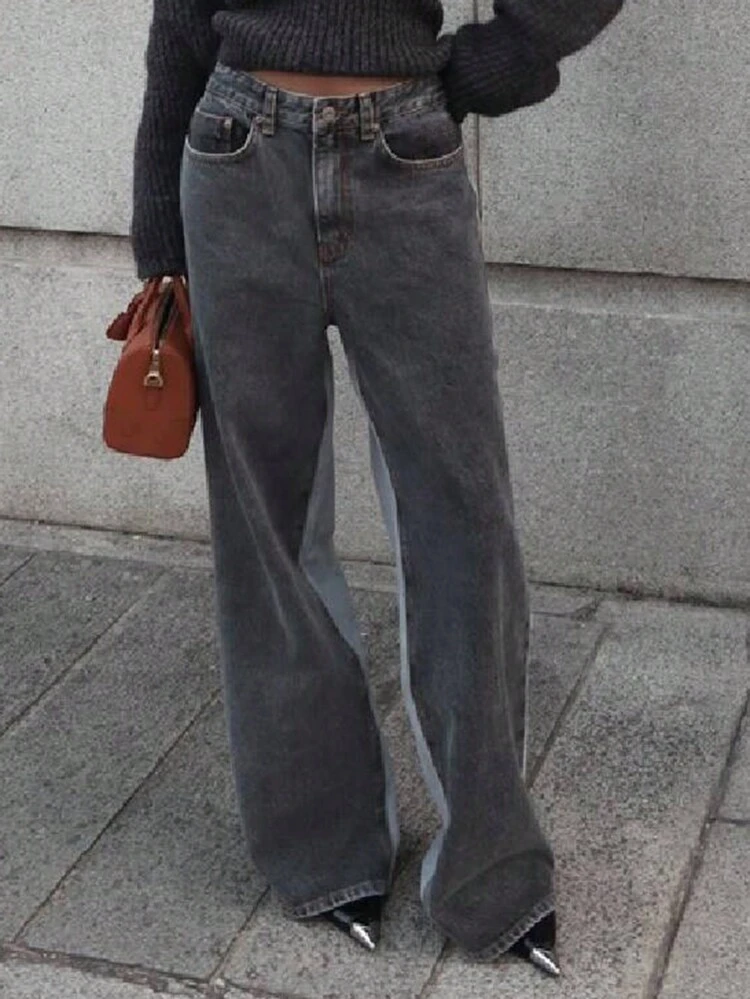 Women Contrast Color Splicing Loose Straight Leg Jeans Y2k