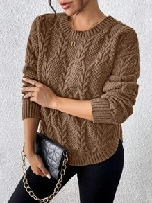SHEIN Unity Suéter casual de unicolor con hombros caídos y bajo curvo, de manga larga, tejido, para otoño/invierno - Marrón - Ver 4