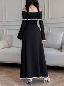 Modelyn Women's Autumn Patchwork Ruffle Trim Colorblock Off-Shoulder Long Sleeve Elegant Dress Long Evening Dresses - Black - View 6