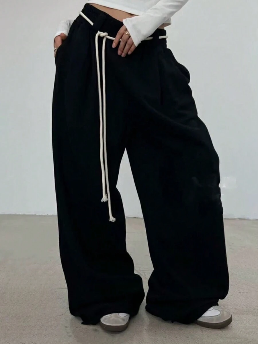 INAWLY Plus Size Women Drawstring Waist Loose Casual Floor Length Pants - Black - View 1