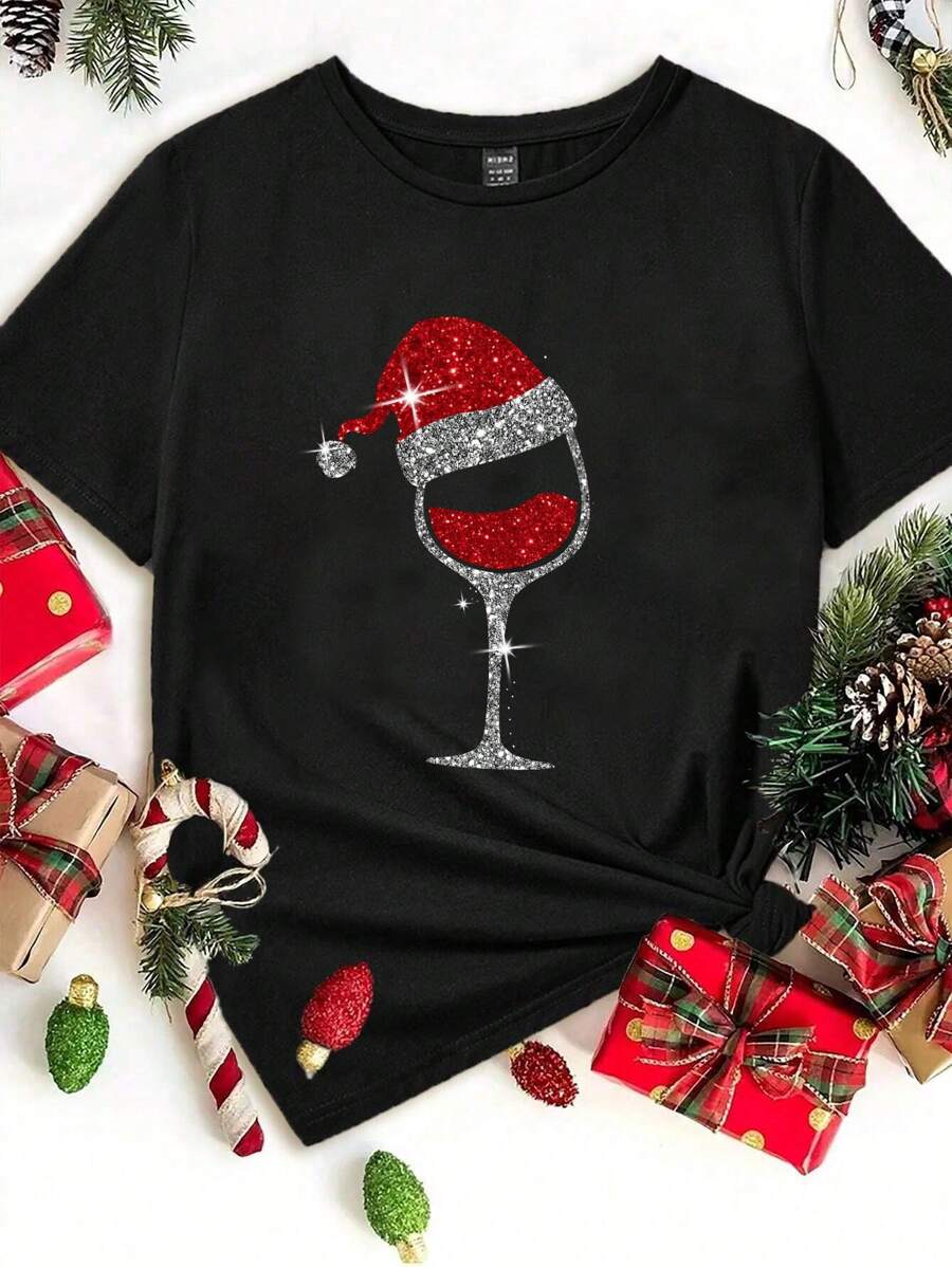 SHEIN LUNE Casual Loose Glitter Wine Glass Christmas Round Neck Short Sleeve T-Shirt For Women, Suitable For Autumn/Winter, Christmas Party, Suitable For Gifts - Black - View 1