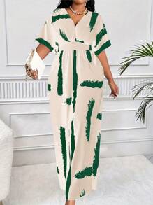 Maweii Plus Size Women's Elegant Black & White Color Block Print Criss-Cross Shoulder Short Sleeve Wide Leg - Multicolor - View 6