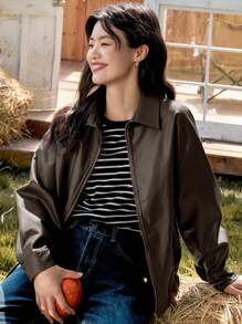 DAZY Women's Solid Color Dropped Shoulder Long Sleeve PU Leather Loose Casual Jacket, Autumn,Fall Women Clothes