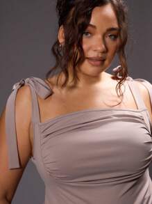 MUSERA Plus Size Slinky Tie Strap Ruched Cami Top Only For Going Out, Party, Club, Rave, Ibiza, Concert, Festival, Sexy, Date Night Spring  Elegant Summer - Camel - View 5