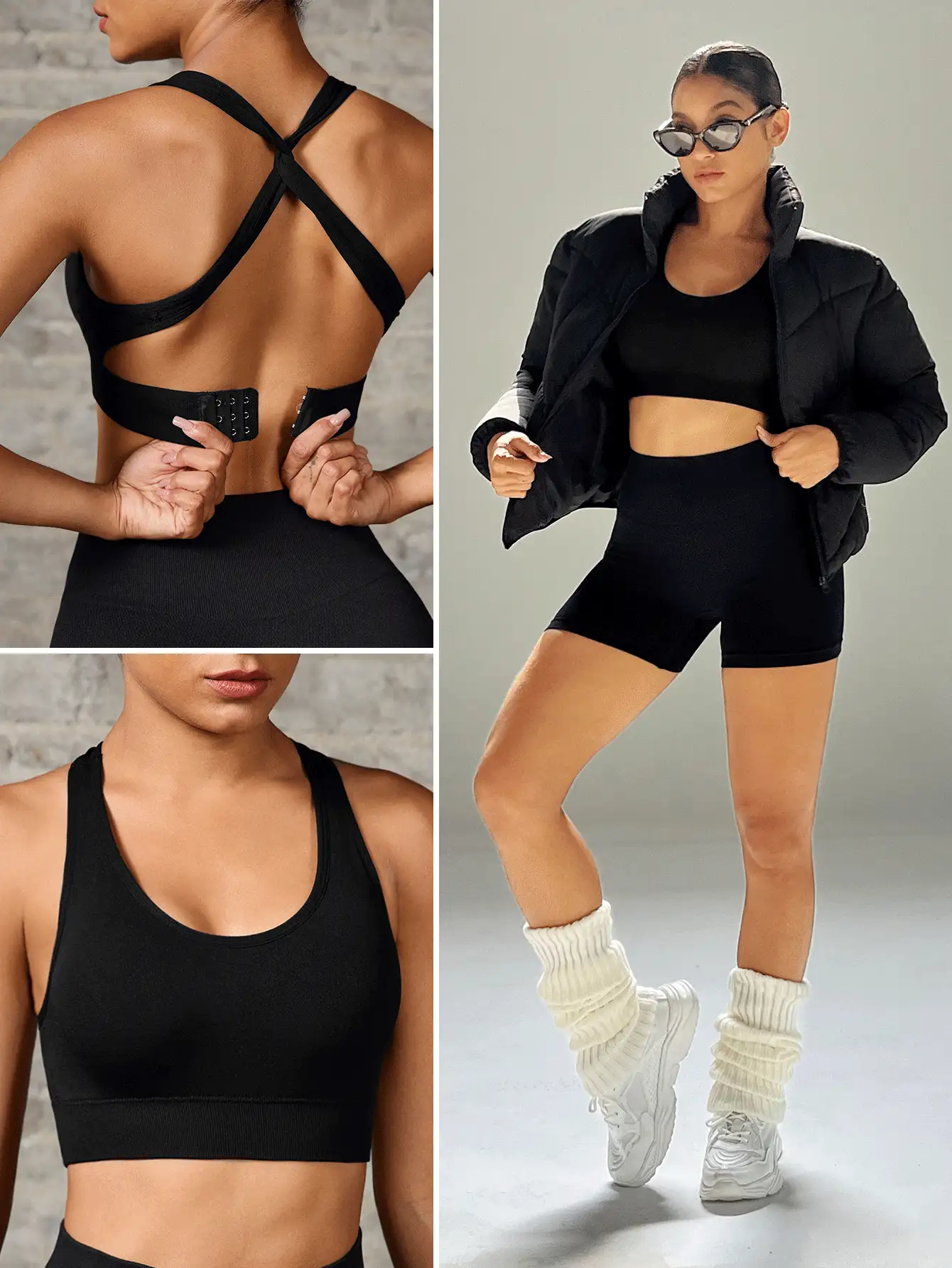 Easithlete 女士无缝交叉运动胸罩 - 黑色 - 查看 2