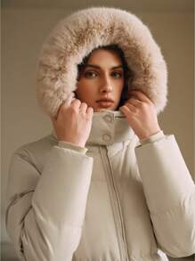 Anewsta 厚款长款泡泡领连帽横缝女式大衣 - 米色 - 查看 3