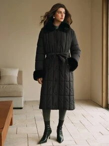 Anewsta Thick Long Puffy Collar Horizontal Seam Women's Coat