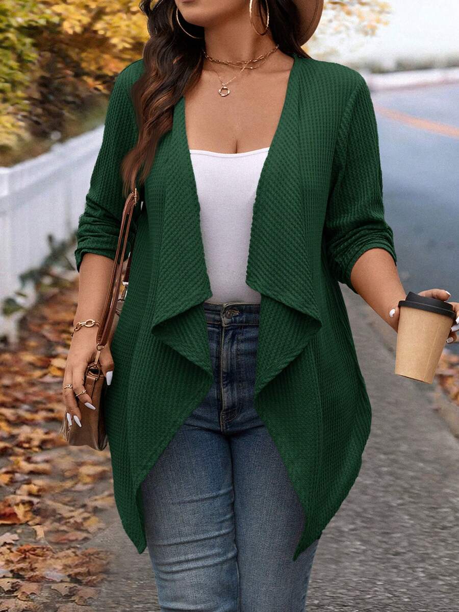 SHEIN LUNE Áo len cardigan dệt kim dài cổ thác nước bất đối xứng thời trang mùa đông cỡ lớn cho đi chơi và đi làm - Màu xanh lá cây đậm - Xem 1
